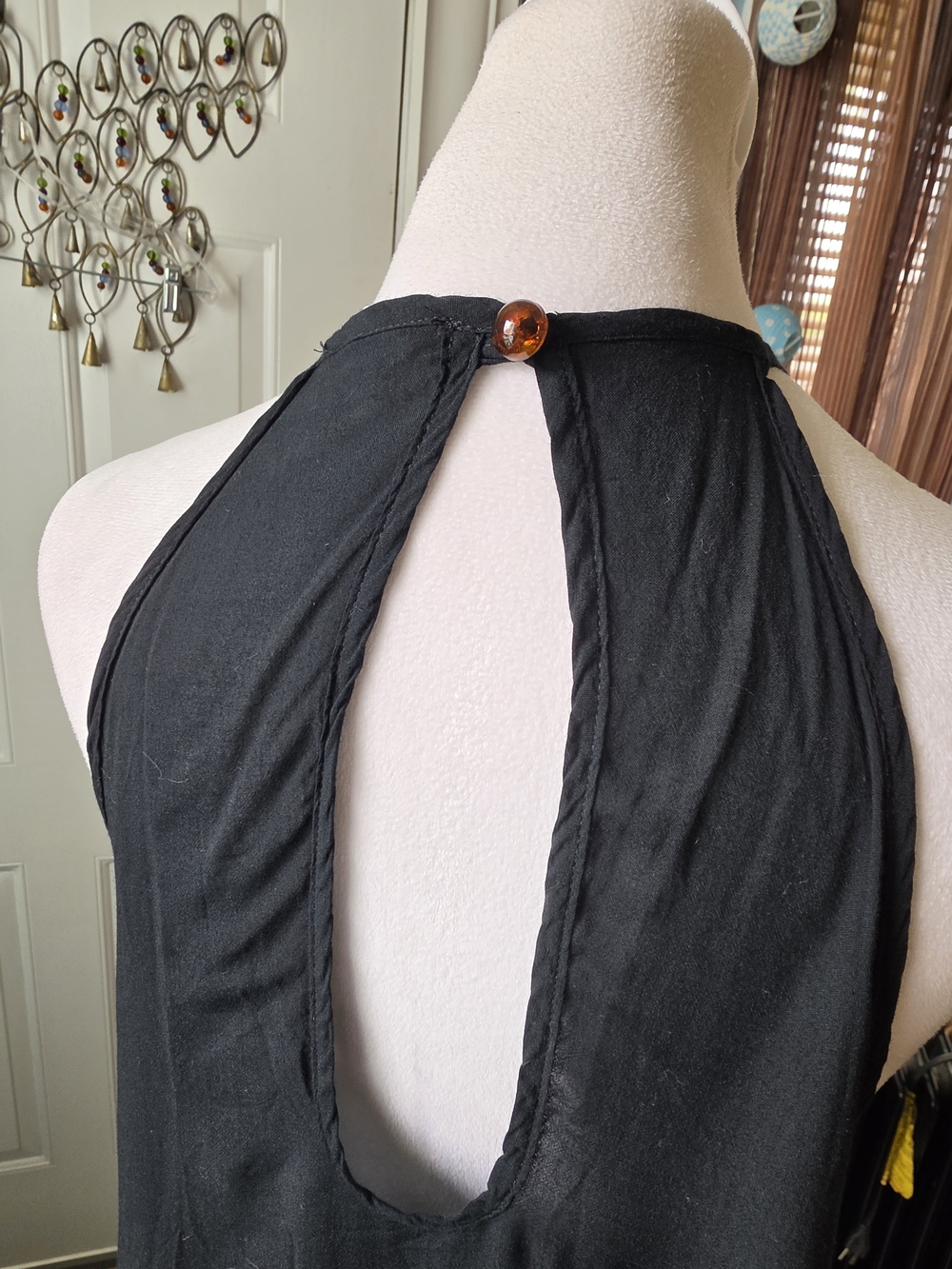 Y2K Vintage Halter Swing Tank Womens L Black w Red Pom-Trim Dark Boho Lightweigh - Picture 8 of 9
